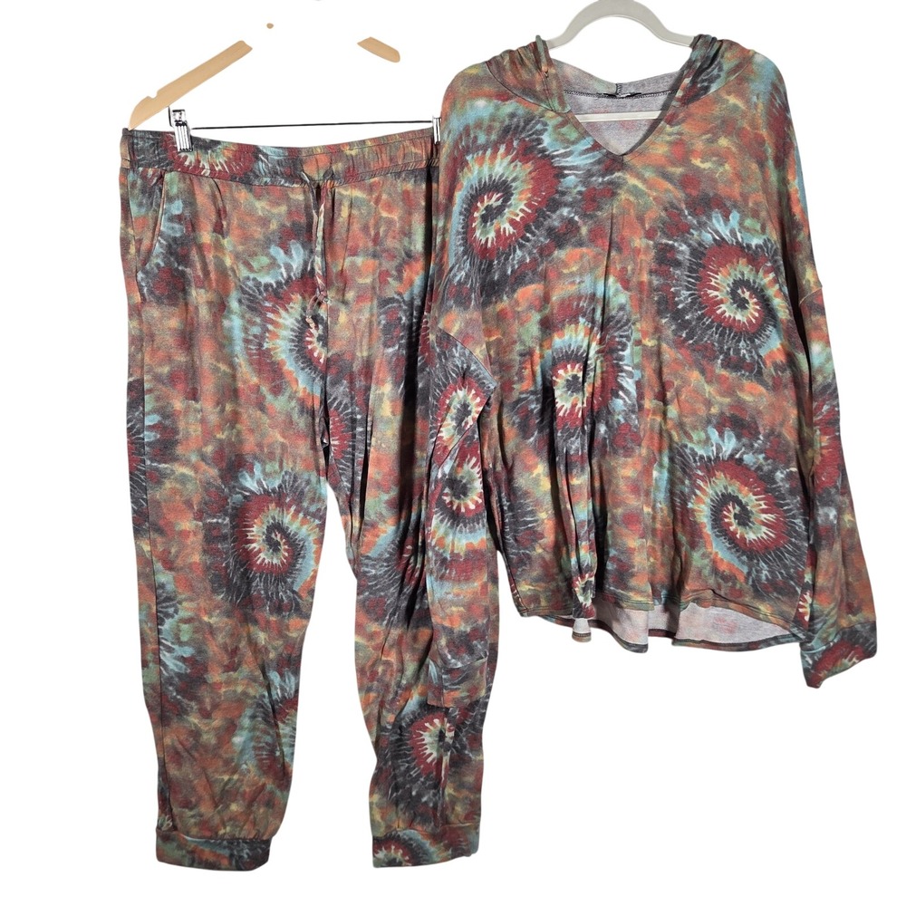 White Birch Tie Dye Lounge Set Women 2X Multicolor V-Neck Hoodie Jogger Boho